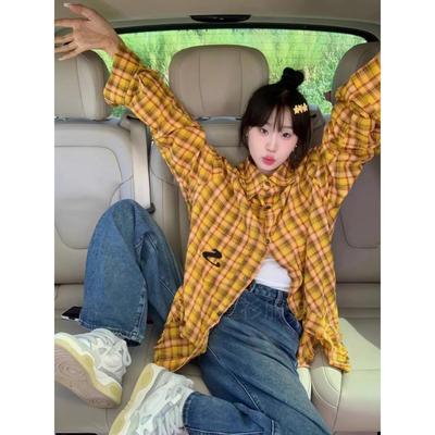 美式多巴胺穿搭格子衬衫女春秋季2024新款薄款外套设计感小众上衣