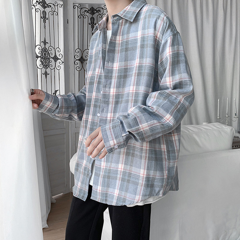 港风春季男士长袖衬衫韩版宽松潮流格子衬衣帅气百搭休闲男生上衣,男装,衬衫,淘宝优惠券,粉丝福利购,淘宝优惠卷