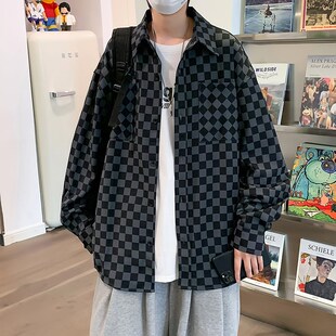 棋盘格衬衫男设计感小众痞帅潮男高级感港风休闲寸衣韩风chic外套