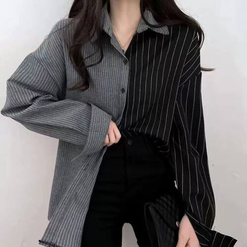 胖mm双色设计感撞色条纹衬衫女春秋款特大码宽松拼接休闲上衣衬衫