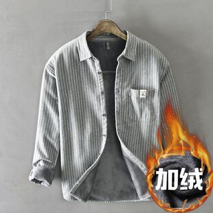 秋冬男装日系竖条纹保暖衬衫加绒加厚12IN长袖上衣男磨毛休闲衬衣