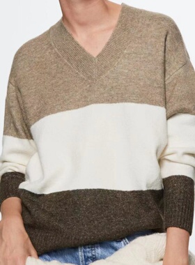 妞妞家秋季新品女士V领宽版拼色长袖欧美风套头针织衫毛衣8031