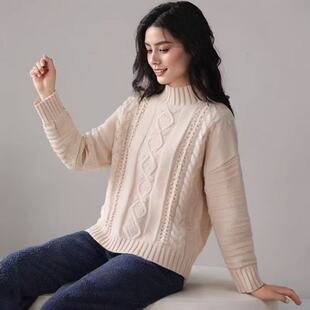 妞妞家秋冬款女士欧美风半高领复古麻花宽版羊毛厚实套头毛衣6616