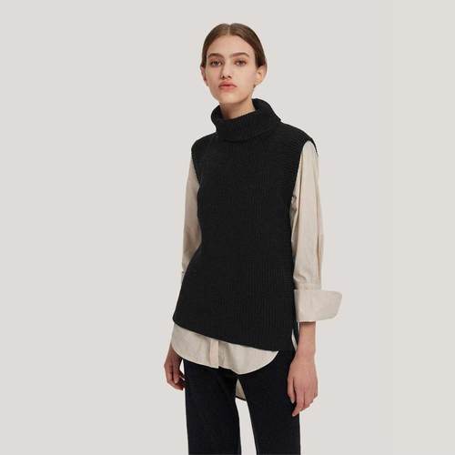 妞妞家秋季新品女士简约百搭高领粗针厚实无袖造型套头毛衣6557