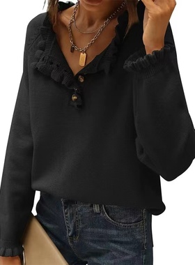 妞妞家秋冬新品女士木耳边圆领简约大码长袖套头毛衣6742