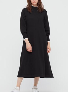 妞妞家春秋新品女士TH圆领美利奴羊毛长款灯笼袖百搭连衣裙8654