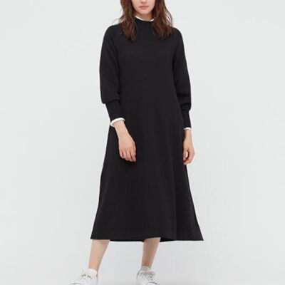 妞妞家春秋新品女士TH圆领美利奴羊毛长款灯笼袖百搭连衣裙8654