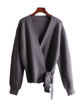 妞妞外单秋冬款女士交叉领粗针厚实毛衣外套2472