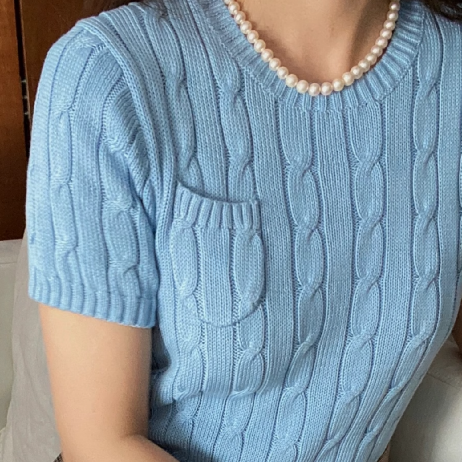 妞妞家春夏新品女士经典圆领麻花老钱风复古短袖针织口袋T恤6013