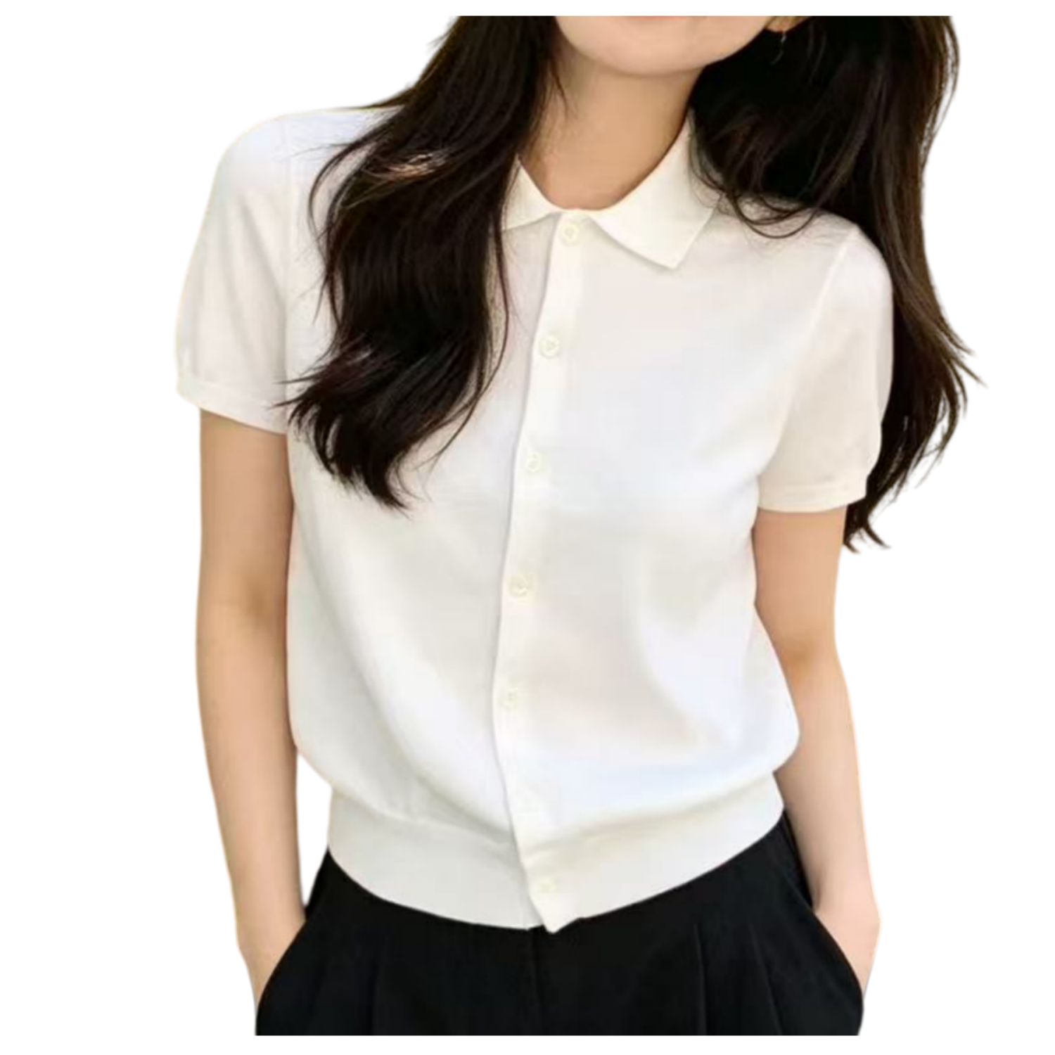 妞妞家夏季新品女士简约POLO领经典百搭纯色短袖针织开衫外套8768