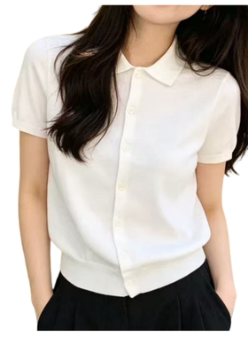 妞妞家夏季新品女士简约POLO领经典百搭纯色短袖针织开衫外套8768
