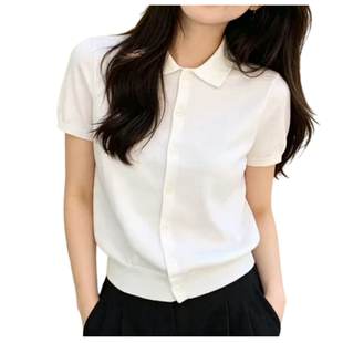 妞妞家夏季新品女士简约POLO领经典百搭纯色短袖针织开衫外套8768
