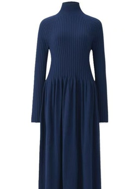 妞妞家秋冬新品女士TH简约百搭高弹显瘦美利奴羊毛长款连衣裙8646