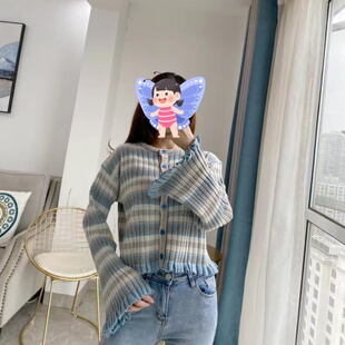 妞妞家春秋款女士木耳边喇叭袖棉质圆领小宽松针织开衫外套7913