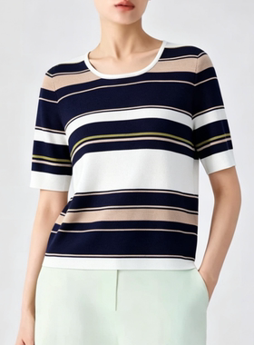 妞妞家TH复古条纹五分袖针织上衣女兰精天丝圆领通勤显瘦打底8818