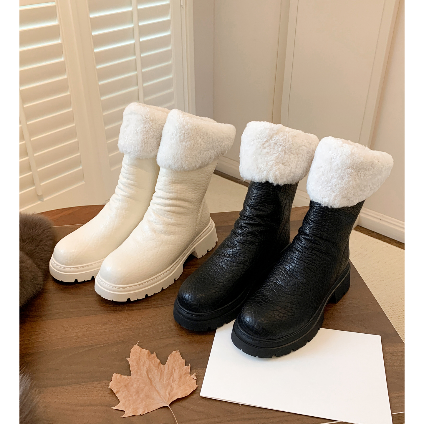 3.5cm时尚牛皮面防水雪地靴加厚