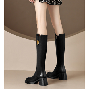 2026年春季 英伦复古粗高跟牛皮高筒靴子显瘦侧拉链厚底方头马丁靴