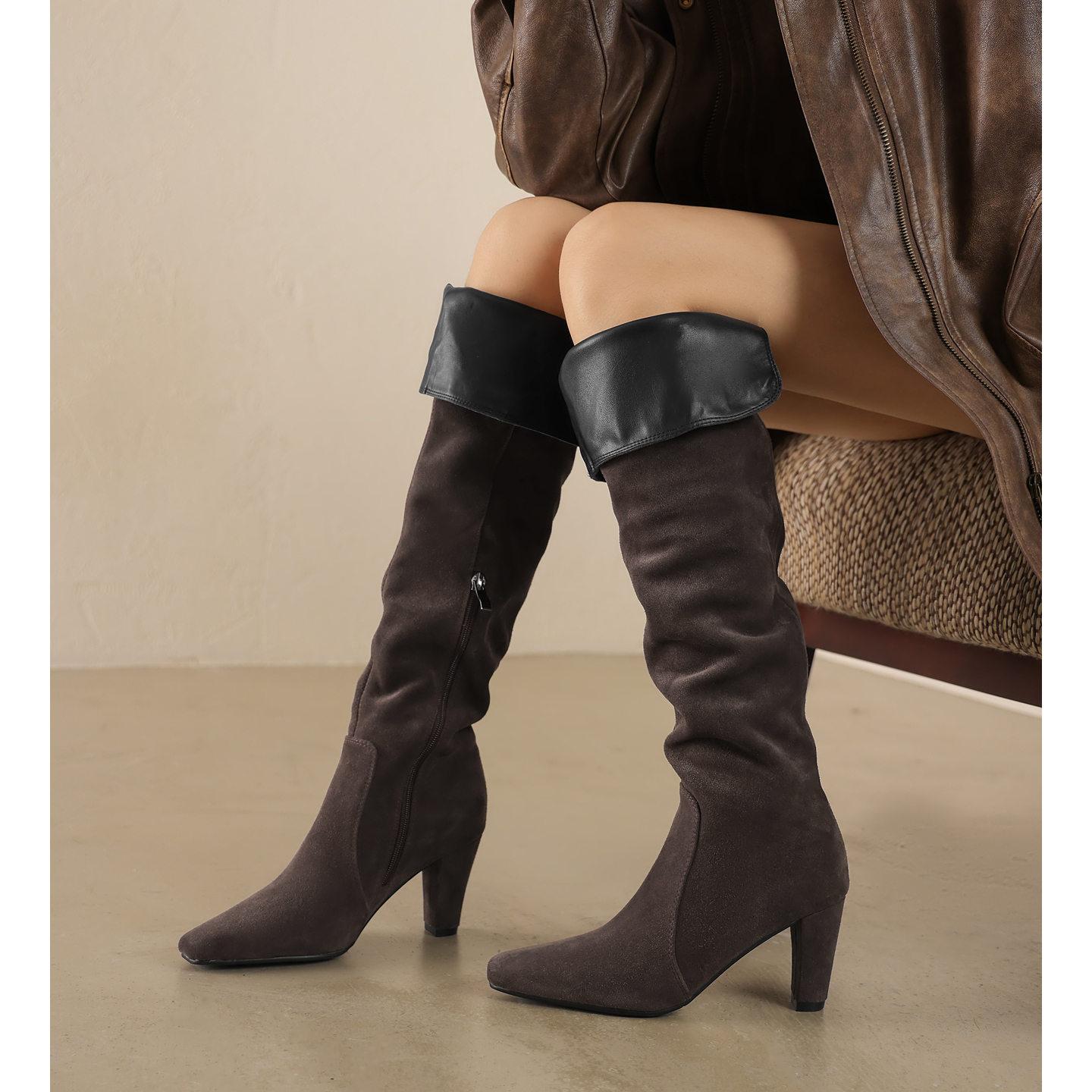 7.5cm高跟过膝长靴褶皱靴高筒靴