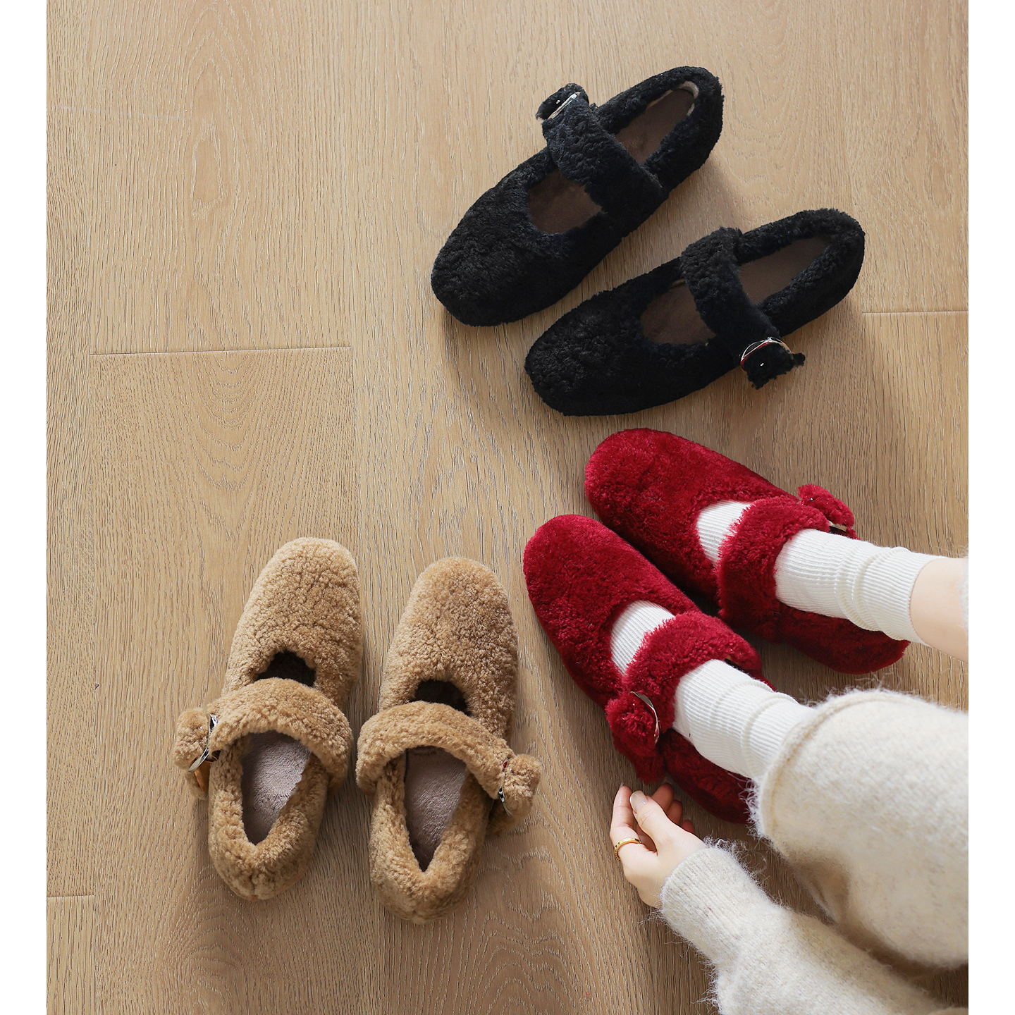 法式羊卷毛玛丽珍加绒单鞋毛毛鞋