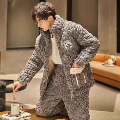 冬季夹棉家居服加厚男三层保暖