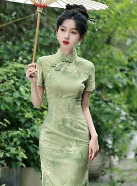 绿色送考旗袍女2026夏季年轻款高端长款日常改良高考中考一路绿灯