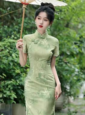 绿色送考旗袍女2026夏季年轻款高端长款日常改良高考中考一路绿灯