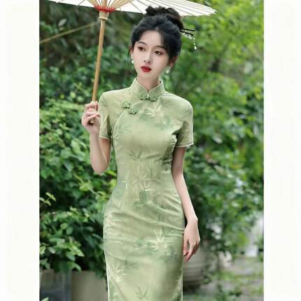 绿色送考旗袍女2026夏季年轻款高端长款日常改良高考中考一路绿灯