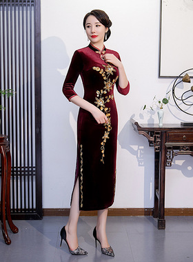 高档金丝绒长款旗袍婚礼演出母亲妈妈喜服礼服喜宴婆婆装中老年装