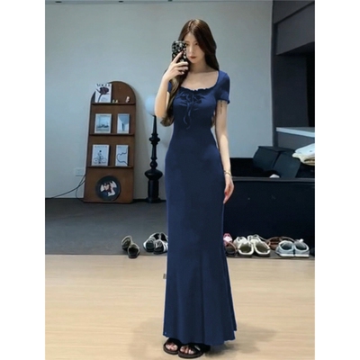 法式蓝色包臀连衣裙子女夏季2025新款高级感收腰显瘦气质鱼尾长裙