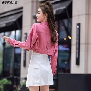 玫红色牛仔小众新款年女高腰外套彩色春秋上衣牛仔短款小个子2026
