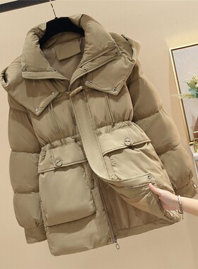 牛角扣羽绒棉服女2026新款冬季中长款棉衣连帽百搭面包服棉袄外套