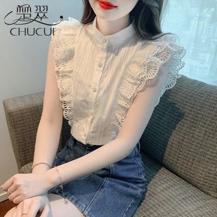 法式荷叶边飞飞袖上衣女士夏季2026新款别致短袖漂亮雪纺衬衫夏天