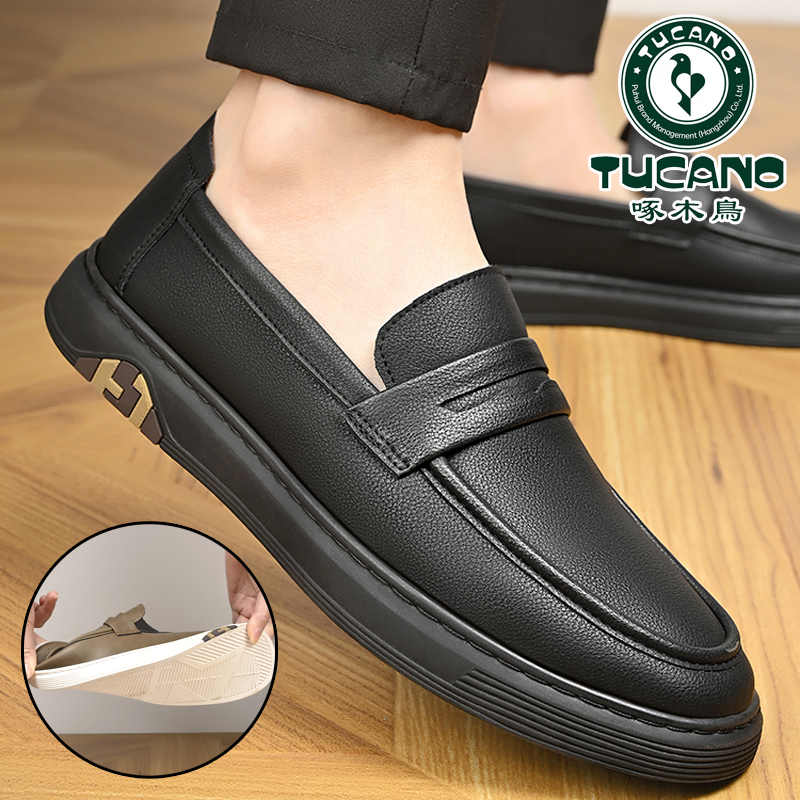 啄木鸟男鞋2025夏季新款休闲鞋男真皮透气薄款一脚蹬英伦风豆豆鞋,流行男鞋,乐福鞋（豆豆鞋）,淘宝优惠券,粉丝福利购,淘宝优惠卷