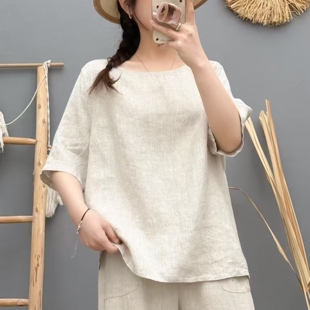 背后一粒扣文艺复古亚麻短袖女宽松舒适休闲百搭显瘦上衣2025夏季