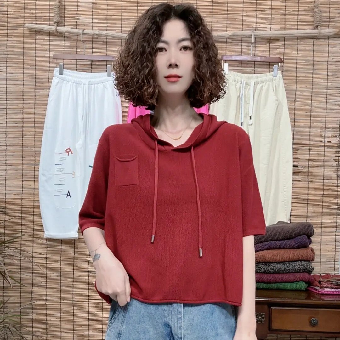 短款时尚宽松百搭新款休闲连帽短袖针织套头衫2026春夏新款005
