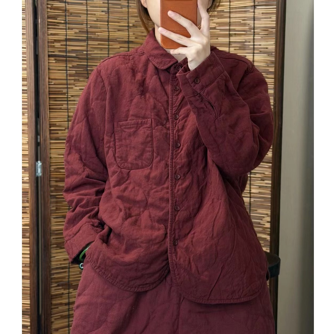 亚麻衬衫夹棉女款2025秋冬季显瘦保暖厚款菱格棉服宽松外套