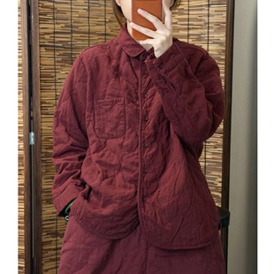 亚麻衬衫夹棉女款2025秋冬季显瘦保暖厚款菱格棉服宽松外套