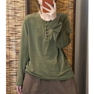 女款 卫衣打底 长袖 慵懒感复古宽松套头针织磨毛扣子条纹针织衫