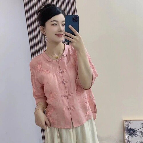 夏季新款国风中式手工盘扣刺绣衬衫女时尚百搭气质绣花苎麻上衣