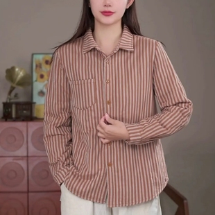 2025新款冬季复古条纹加棉衬衫棉服女宽松休闲翻领保暖棉衣外套女