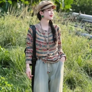 原创2025秋季印花时尚复古显瘦宽松圆领民族风长袖棉线针织开衫女