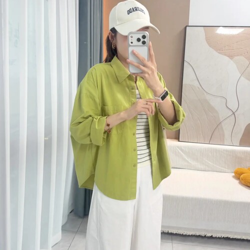 【100纯棉成衣水洗】长袖衬衫宽松显瘦韩版慵懒风百搭休闲春秋衬