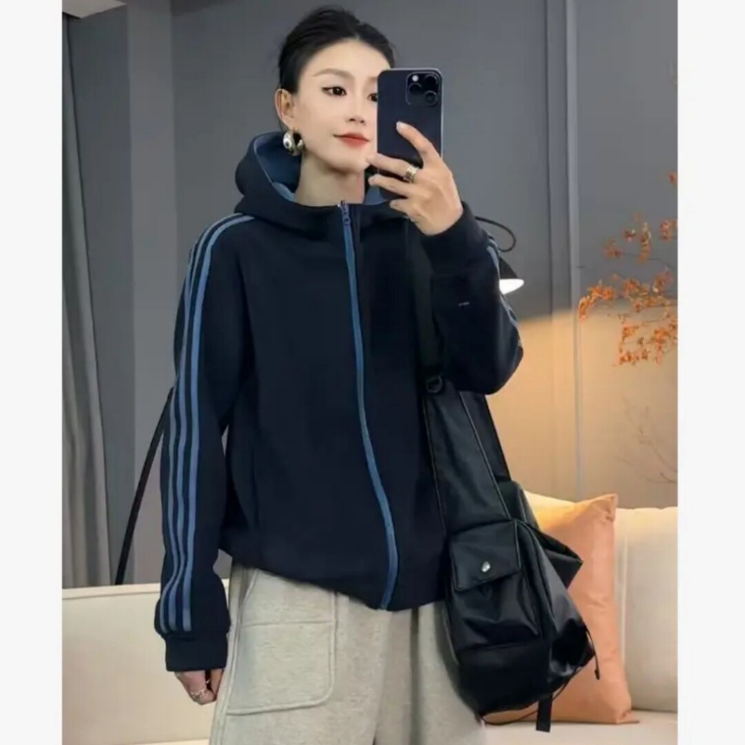 休闲2026秋季时尚宽松加绒简约百搭连帽颗粒绒织带开衫绒衫外套