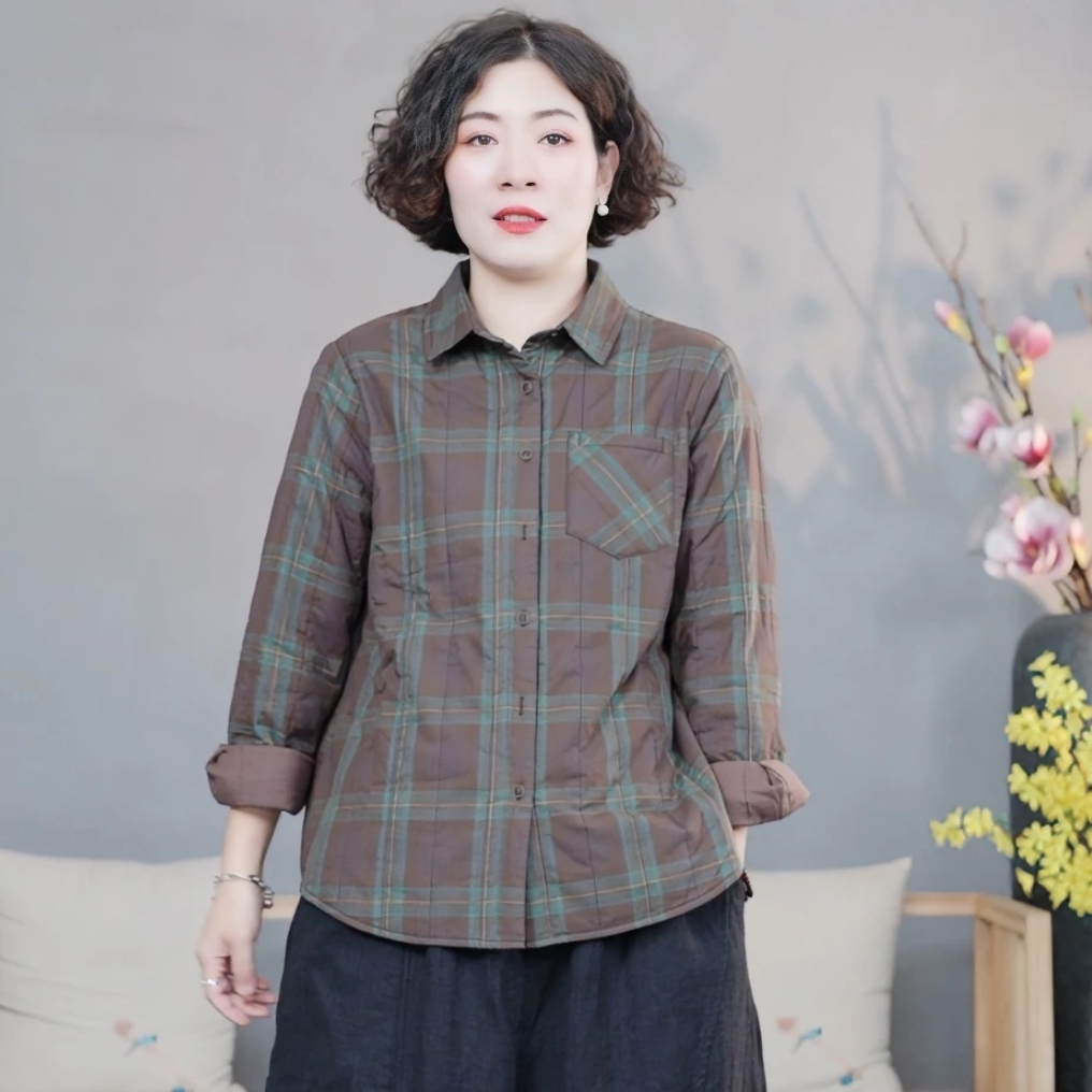 宽松休闲单排扣长袖夹棉衬衫