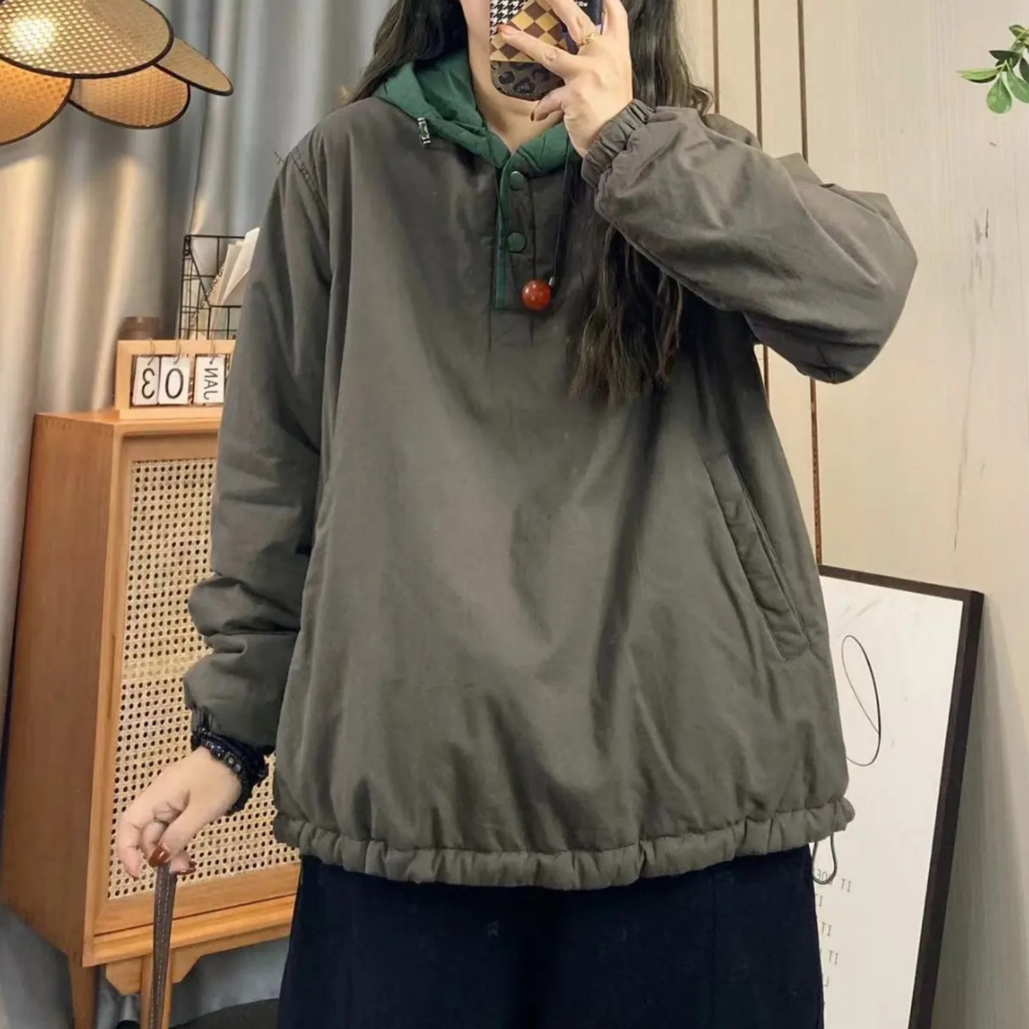 2025冬季新款长袖连帽卫衣棉服外套女文艺休闲宽松夹棉加棉棉衣