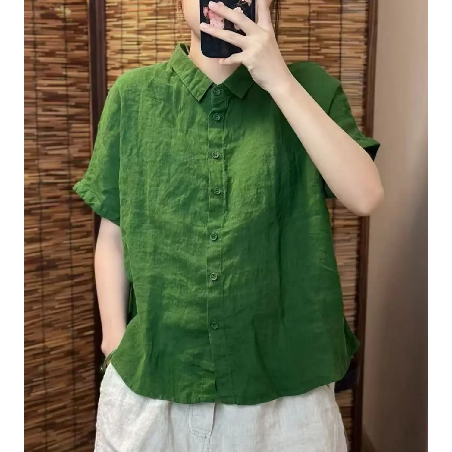 翻领短袖纯亚麻衬衫女2025夏季宽松休闲复古通勤百搭显瘦开衫上衣