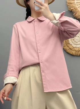 纯色秋冬加绒衬衫女长袖上衣时尚休闲打底简约百搭白色娃娃领衬衣
