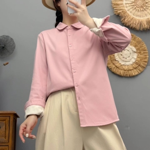纯色秋冬加绒衬衫女长袖上衣时尚休闲打底简约百搭白色娃娃领衬衣