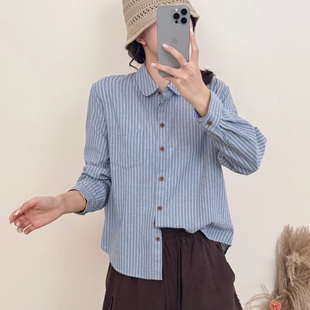 2026秋款衬衣长袖女娃娃领条纹衬衣宽松休闲圆领衬衫上衣亲肤韩版