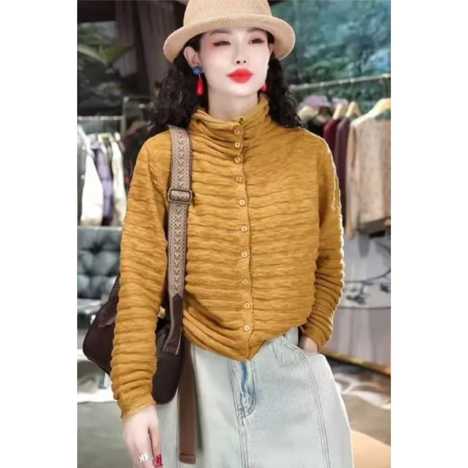 原创2025秋冬新款时尚百搭慵懒风长袖立领气质显瘦棉线针织线衣